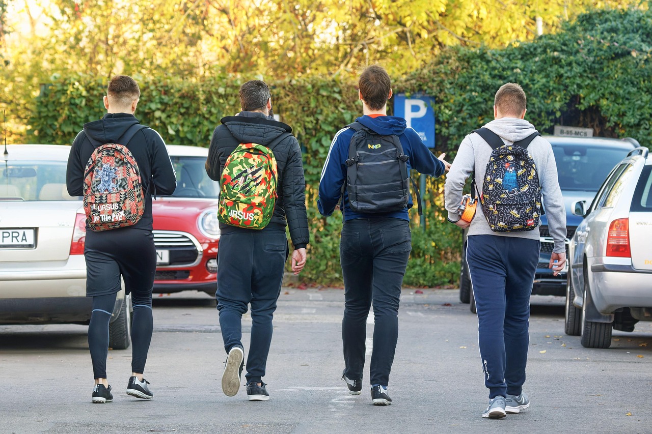 friends, students, boys, outdoors, backpacks